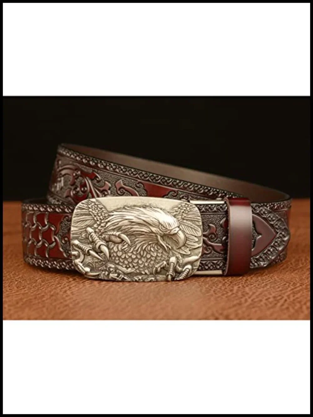 Men's Genuine Leather Ratchet Belt with 3D Eagle Sliding Buckle